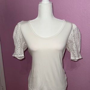 INC white T-shirt with lace puff sleeves